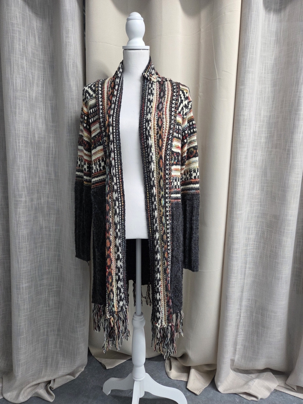 Adora Charcoal Multi Open-Front Fringe Cardigan Boho Size S/M